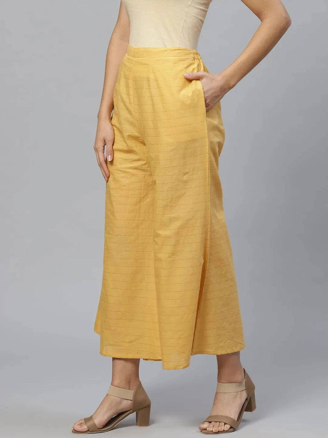 Yellow Striped Cotton Palazzos - Libas