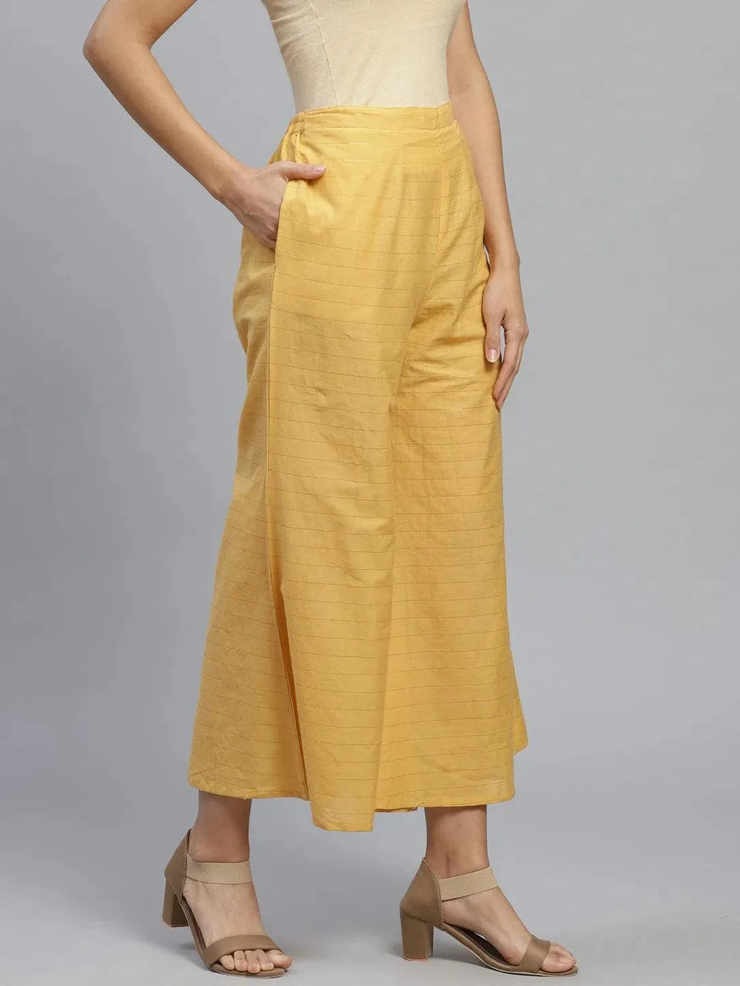 Yellow Striped Cotton Palazzos - Libas 