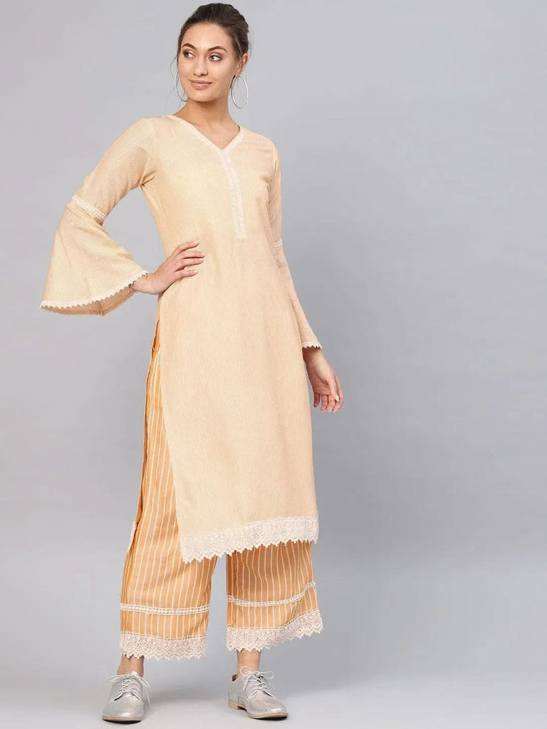 Libas Yellow Striped Cotton Straight Kurta With Palazzos