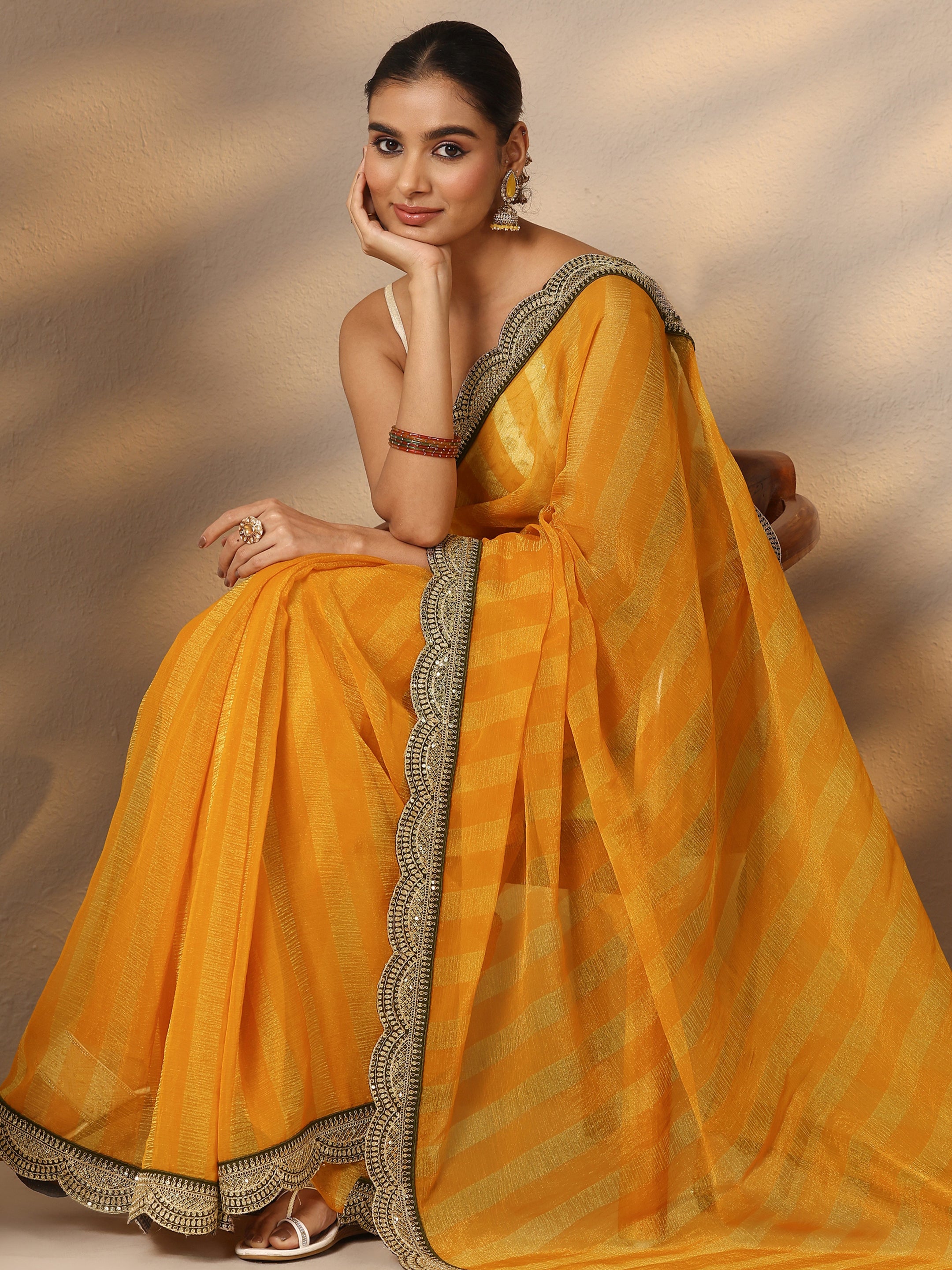 Yellow Striped Embellished Silk Blend Saree With Unstitched Blouse Piece-image-31