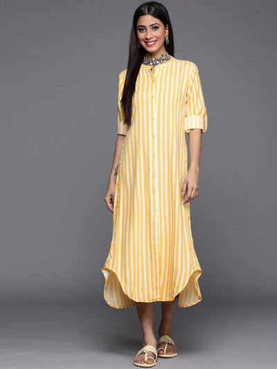 Yellow Striped Rayon Dress - Libas