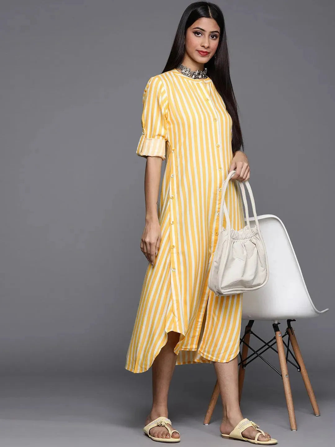 Yellow Striped Rayon Dress - Libas 