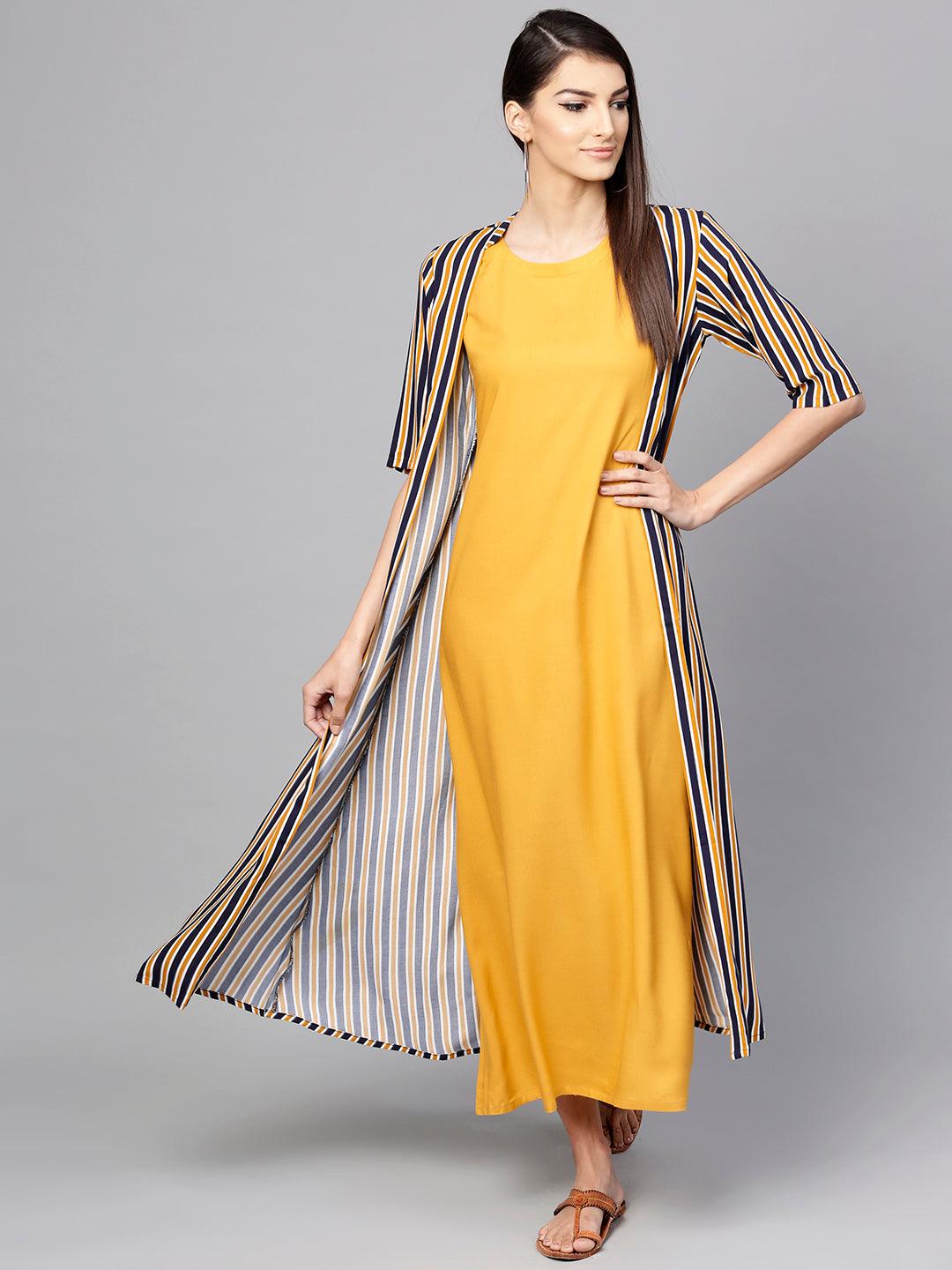 Yellow Striped Rayon Dress With Jacket - Libas