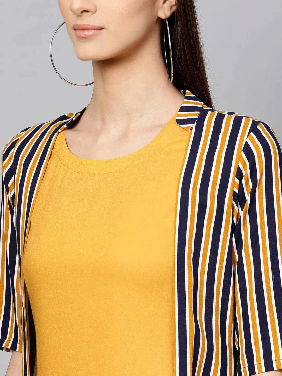 Yellow Striped Rayon Dress With Jacket - Libas