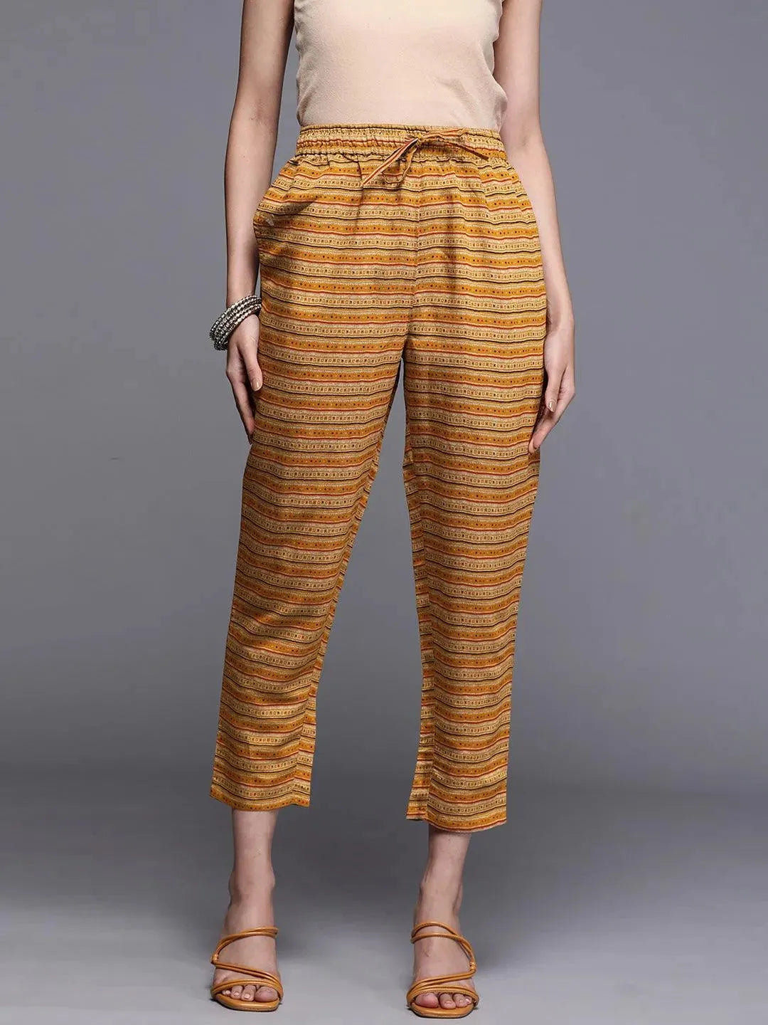 Yellow Striped Silk Trousers - Libas