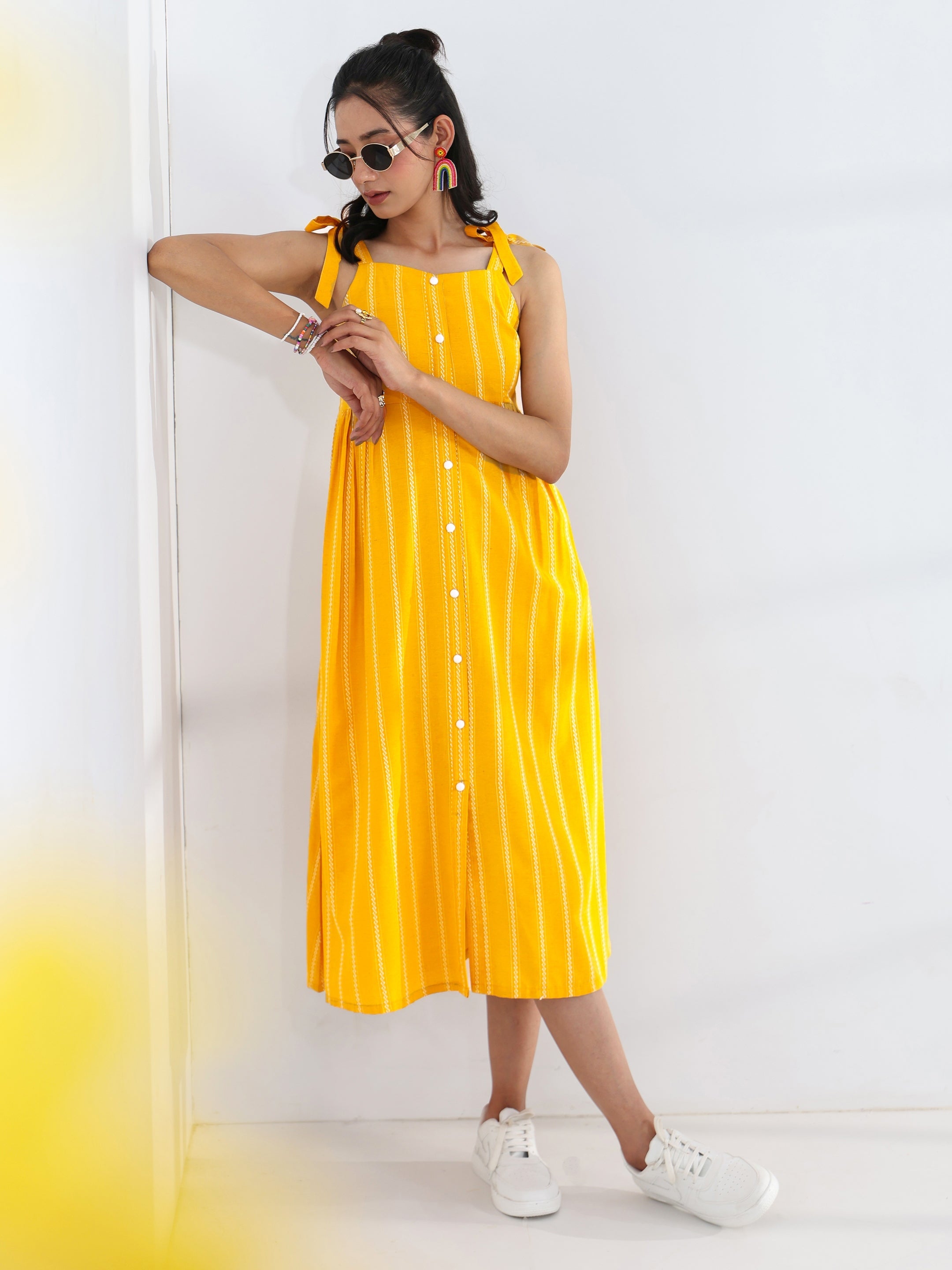 libas Yellow Striped Woven Design Cotton Blend A-Line One Piece Dress-picture-62