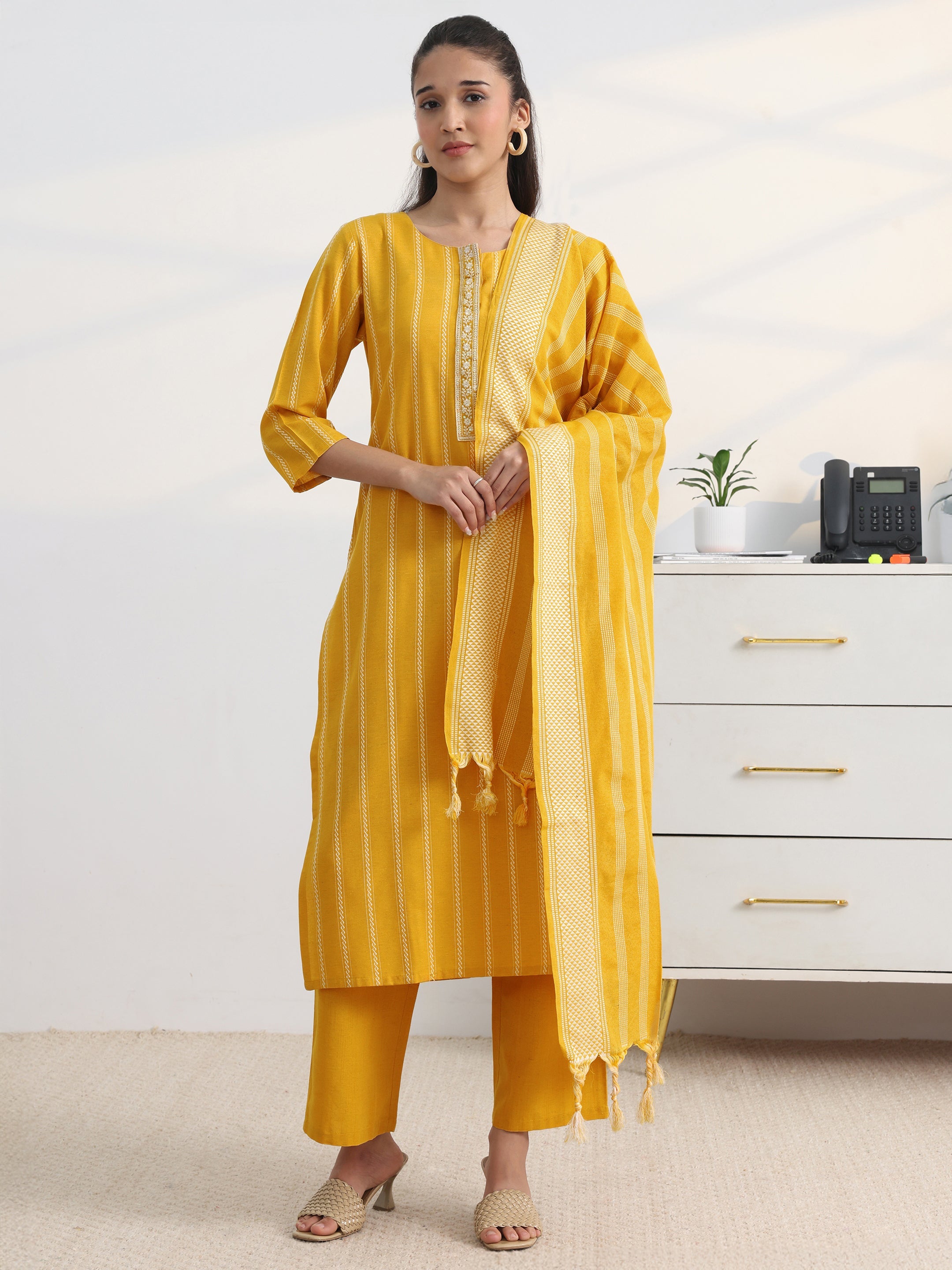 libas Yellow Striped Woven Design Cotton Blend Straight Suit Set With Dupatta-picture-43