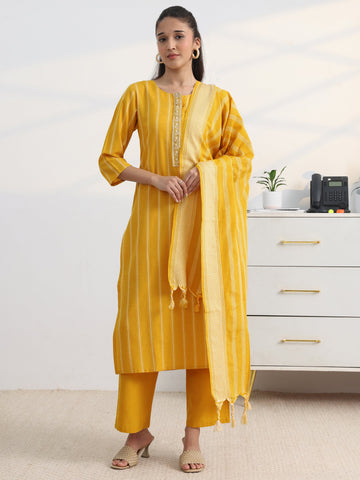 Yellow Striped Woven Design Cotton Blend Straight Suit Set With Dupatta