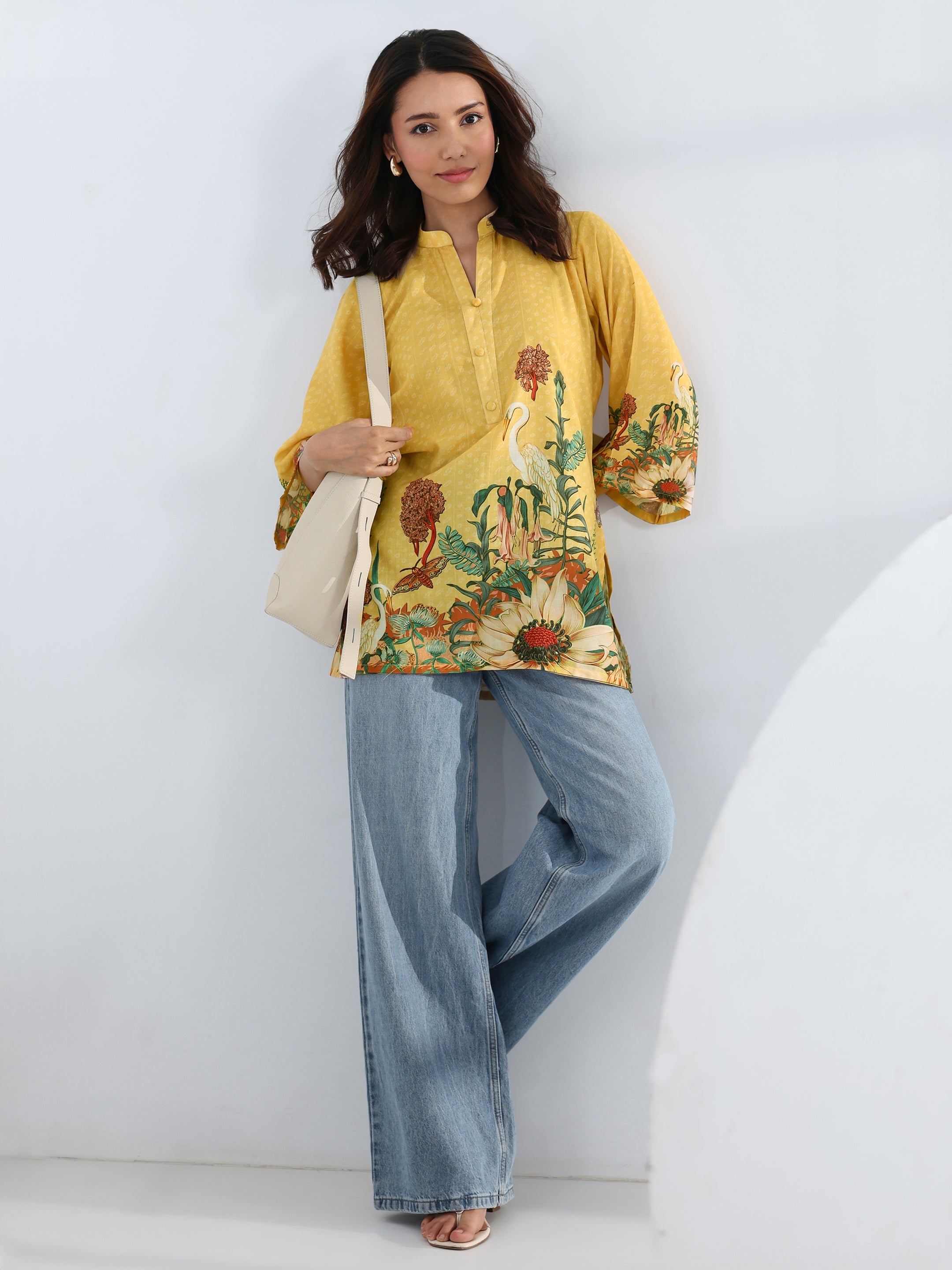 libas Yellow Tropical Printed Cotton Blend Straight Short Kurti-picture-47