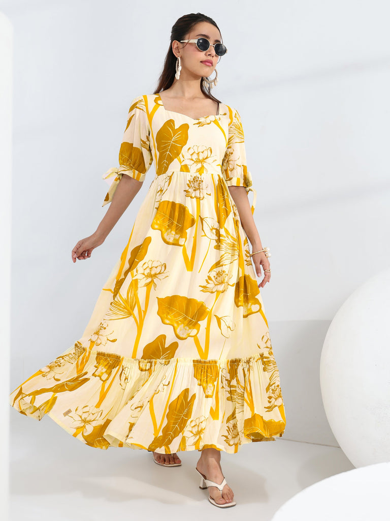Libas Yellow Tropical Printed Cotton Fit-And-Flare One Piece Dress