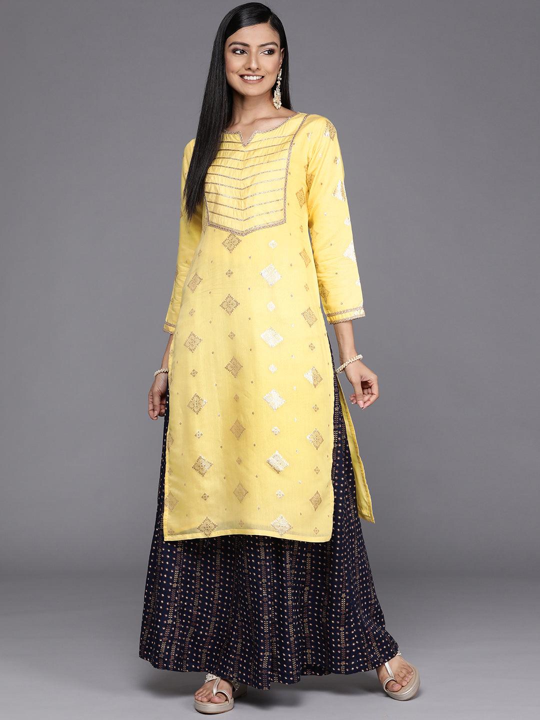 Yellow Woven Design Chanderi Silk Straight Kurta