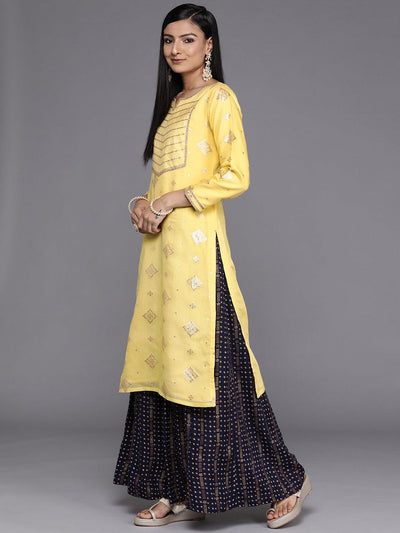 Yellow Woven Design Chanderi Silk Straight Kurta - Libas