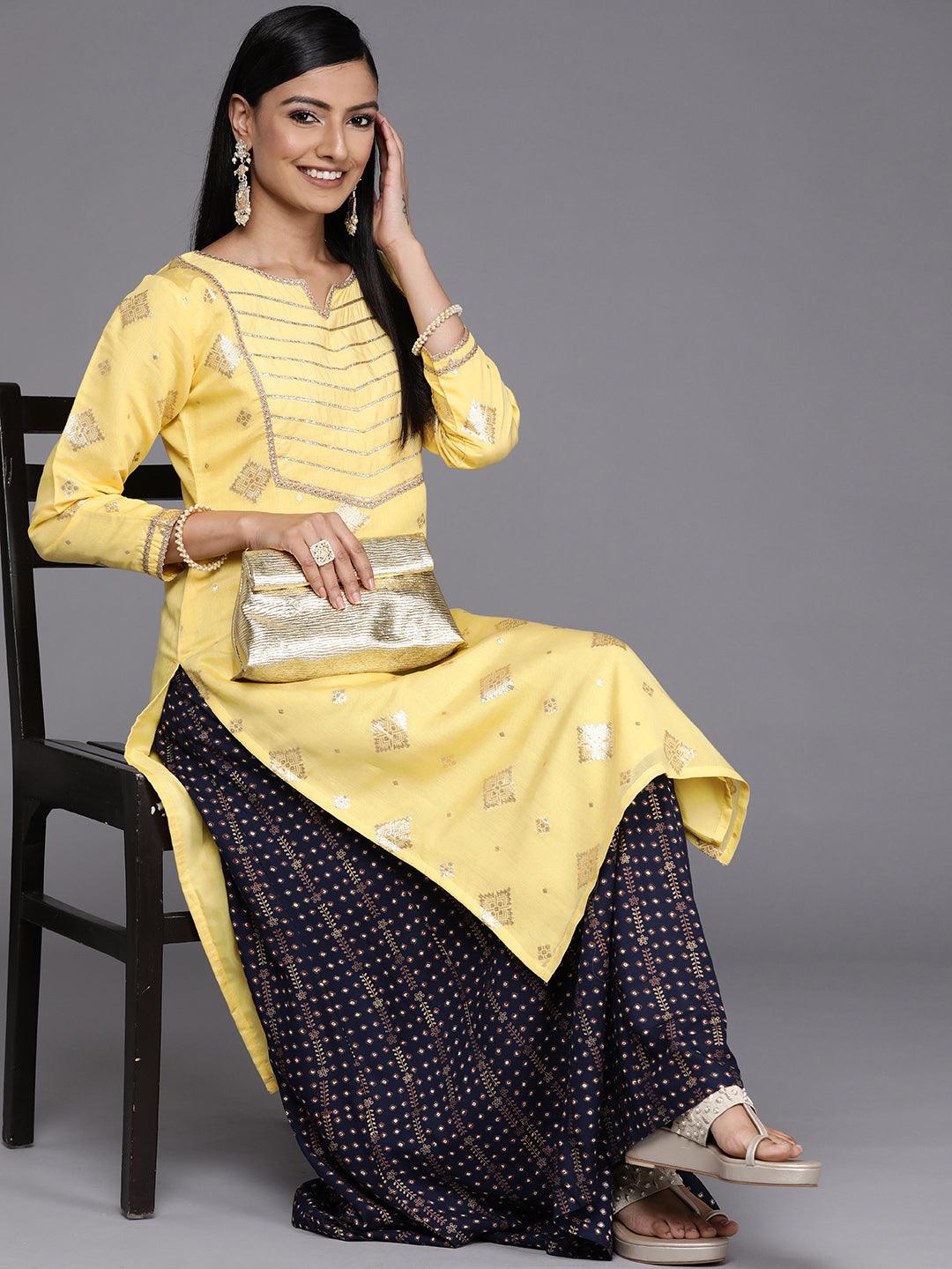 Yellow Woven Design Chanderi Silk Straight Kurta