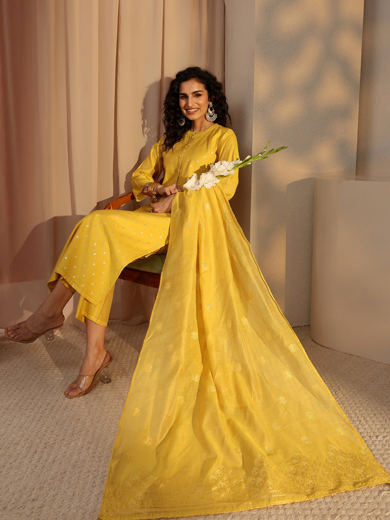Libas Yellow Woven Design Chanderi Silk Straight Suit Set With Dupatta