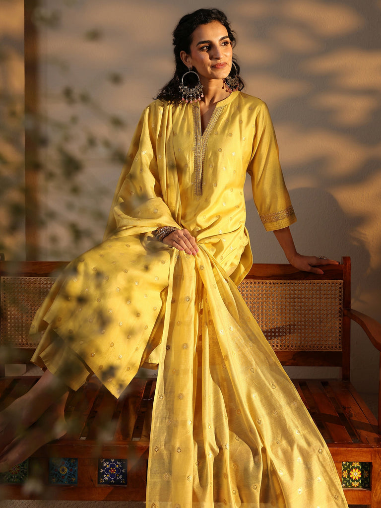 Libas Yellow Woven Design Chanderi Silk Straight Suit Set With Dupatta
