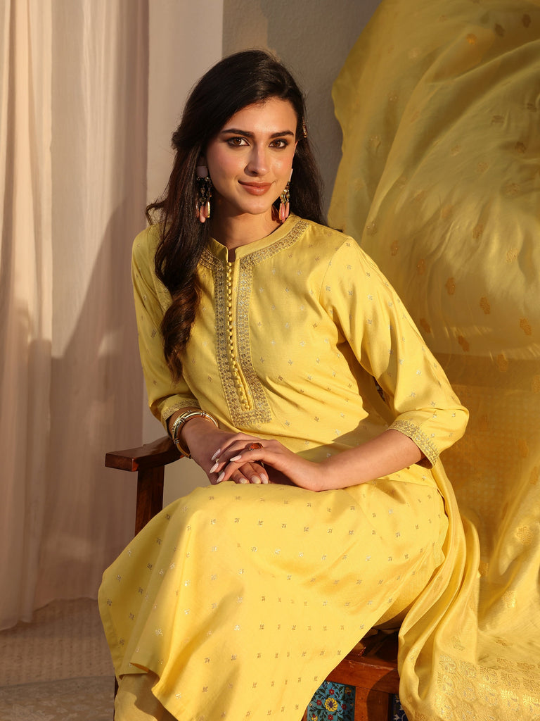Libas Yellow Woven Design Chanderi Silk Straight Suit Set With Dupatta