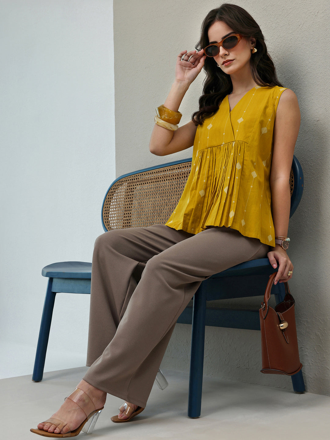  Yellow Woven Design Cotton A-Line Top 