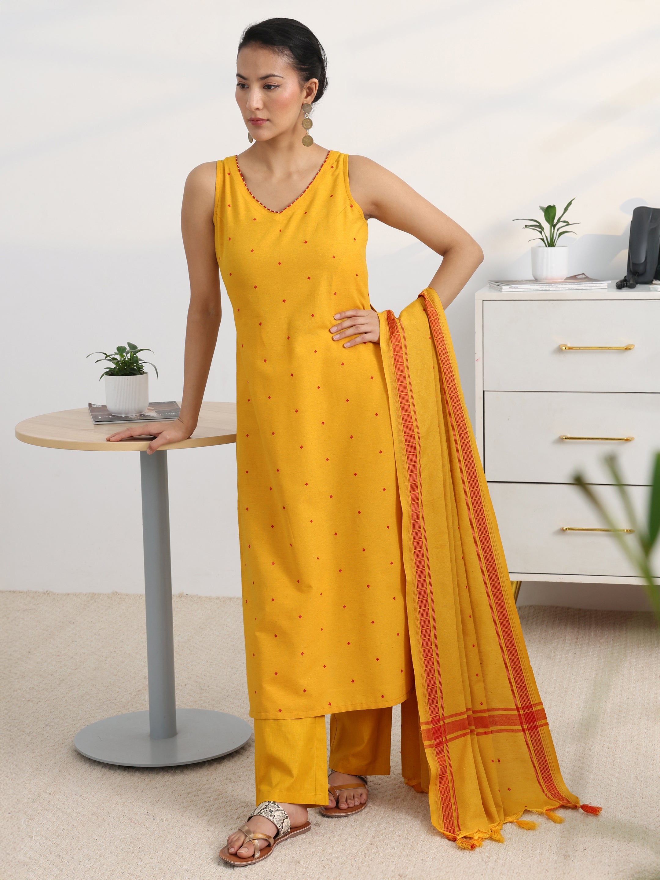 libas Yellow Woven Design Cotton Blend Straight Suit Set With Dupatta-picture-39