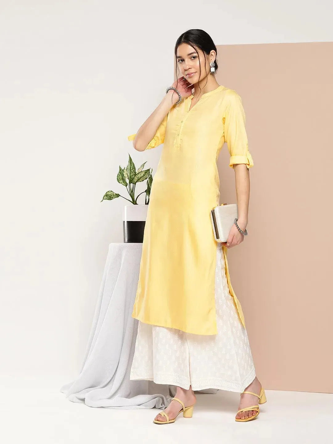 Yellow Woven Design Cotton Straight Kurta - Libas