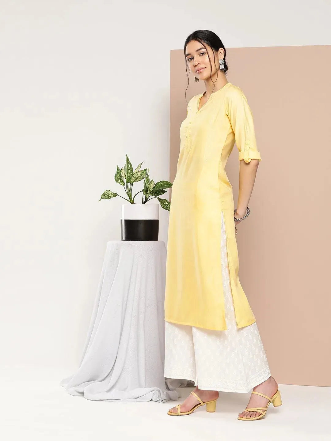 Yellow Woven Design Cotton Straight Kurta - Libas