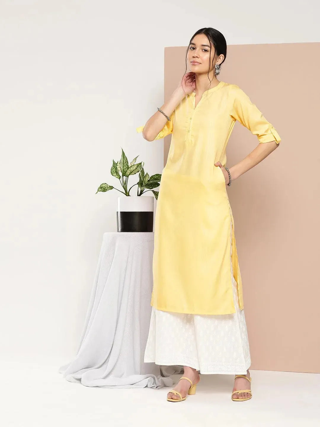 Yellow Woven Design Cotton Straight Kurta - Libas