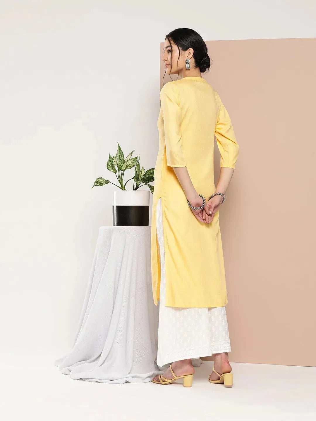 Yellow Woven Design Cotton Straight Kurta - Libas