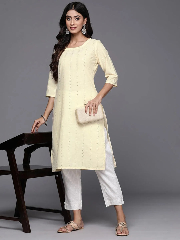 Yellow Woven Design Cotton Straight Kurta - Libas