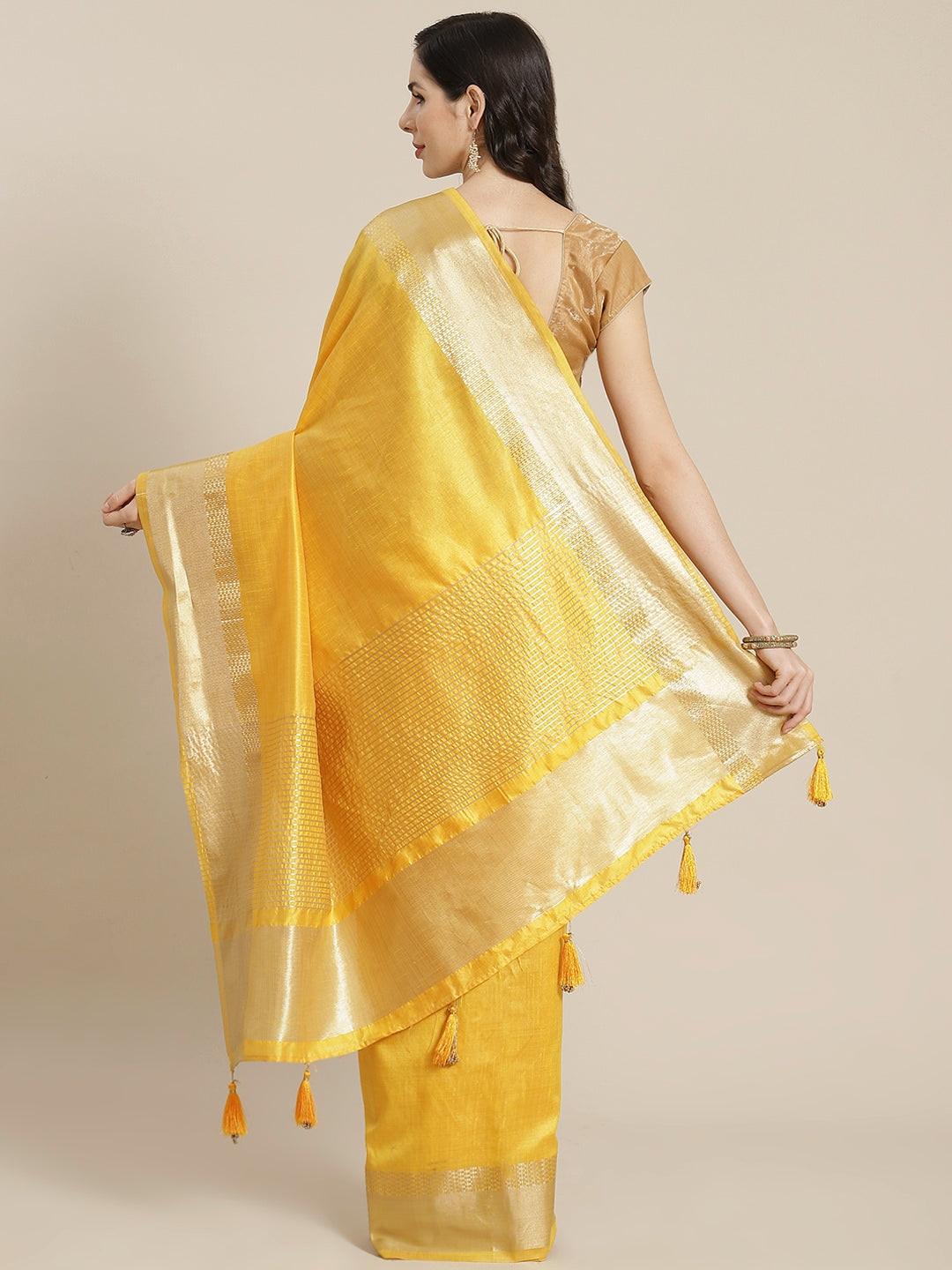 Yellow Woven Design Silk Blend Saree - Libas