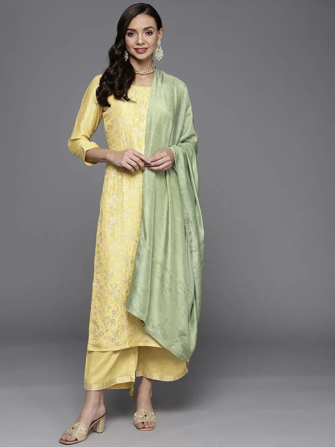 Yellow Woven Design Silk Blend Straight Suit Set - Libas