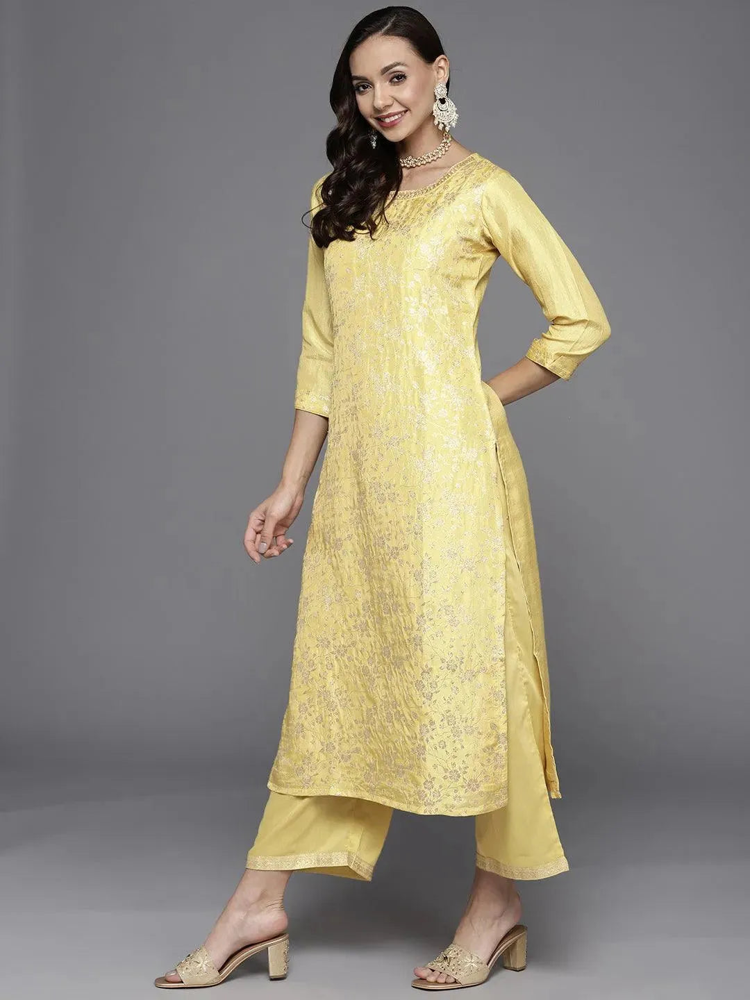 Yellow Woven Design Silk Blend Straight Suit Set - Libas