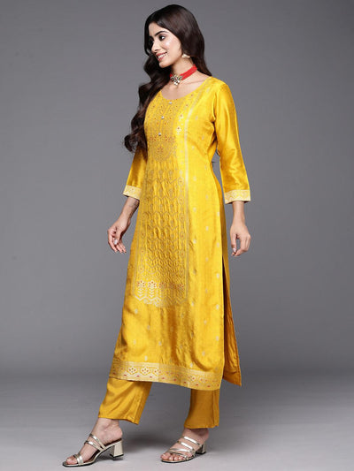 Yellow Woven Design Silk Blend Straight Kurta With Palazzos & Dupatta - Libas