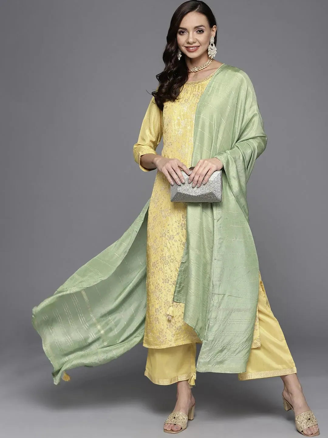 Yellow Woven Design Silk Blend Straight Suit Set - Libas 