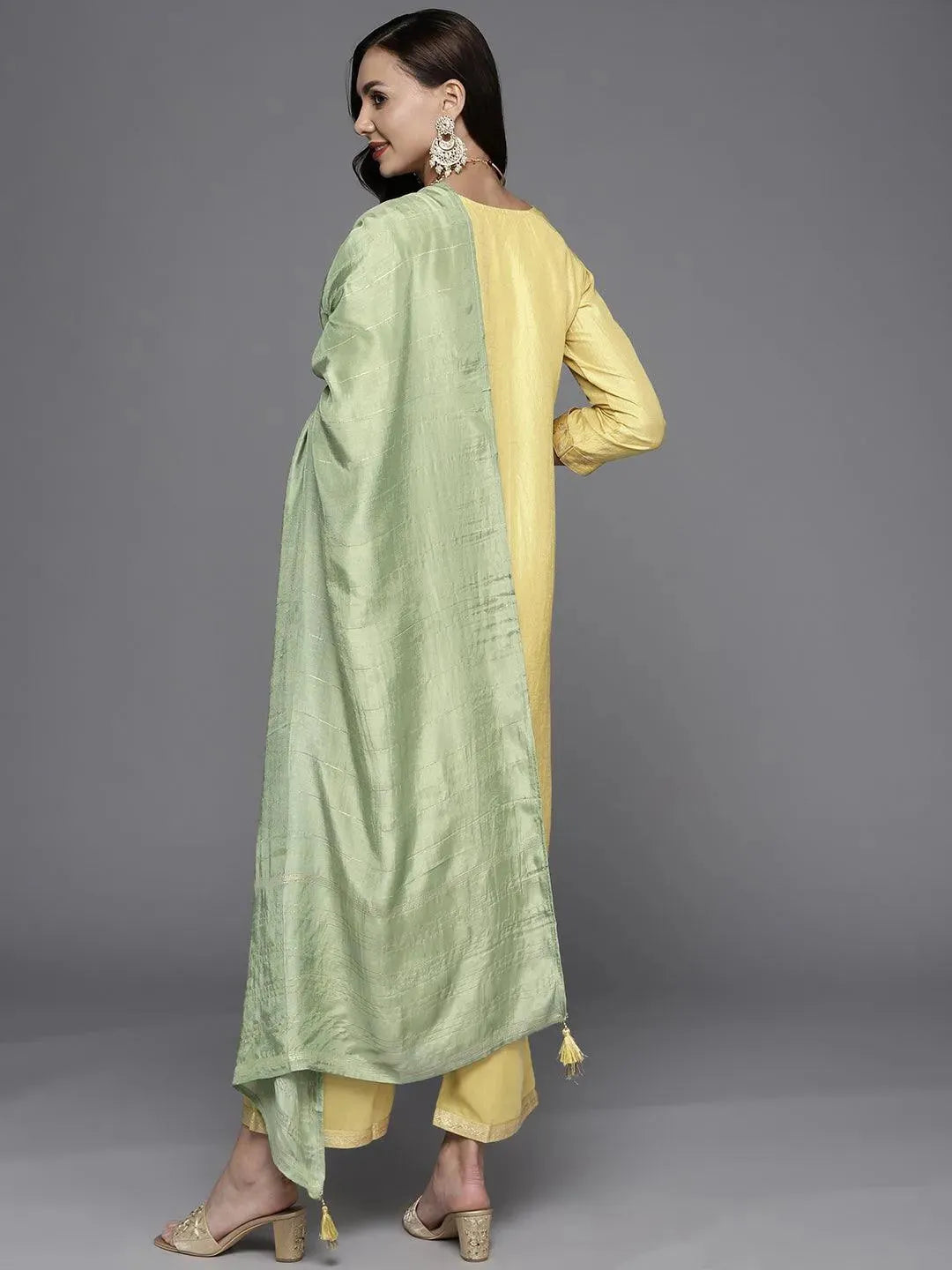 Yellow Woven Design Silk Blend Straight Suit Set - Libas