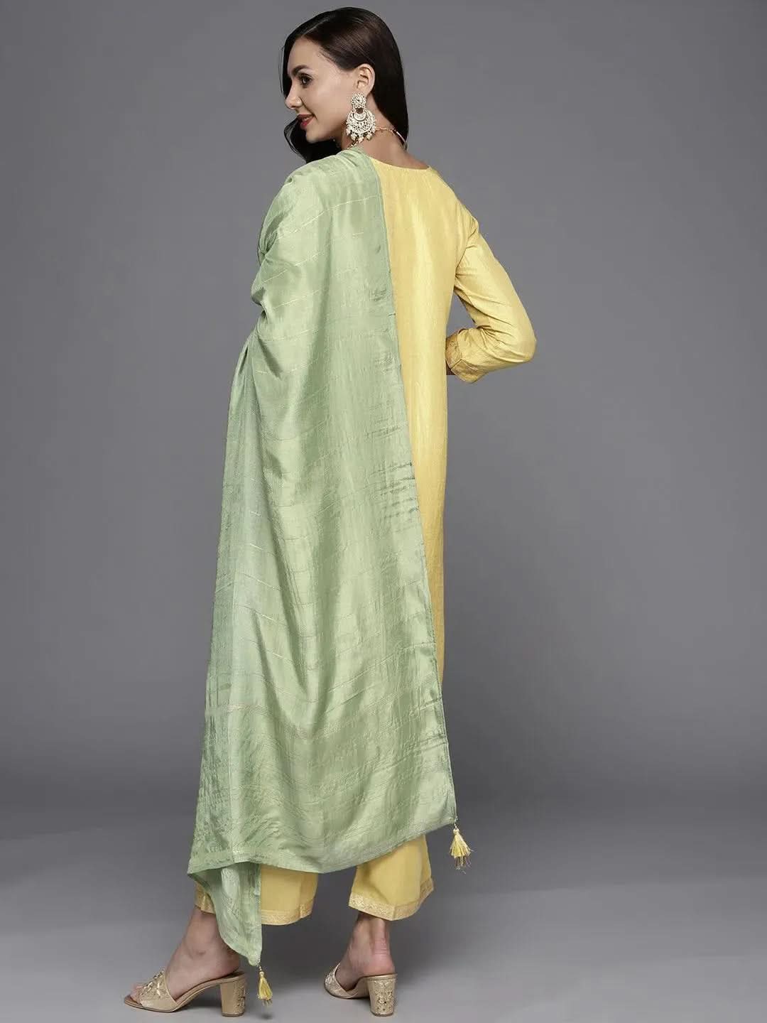 

Yellow Woven Design Silk Blend Straight Kurta With Palazzos & Dupatta