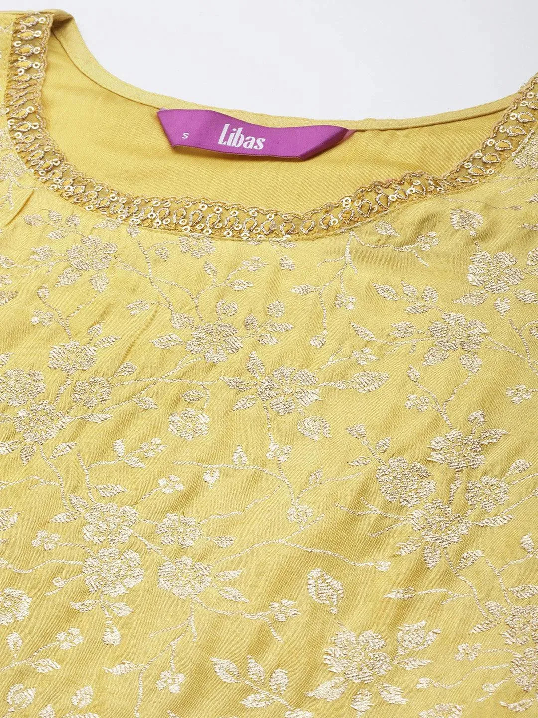 Yellow Woven Design Silk Blend Straight Suit Set - Libas