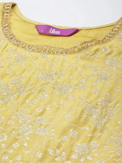 Yellow Woven Design Silk Blend Straight Suit Set - Libas