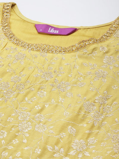 Yellow Woven Design Silk Blend Straight Suit Set - Libas