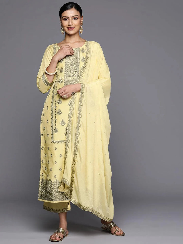 Yellow Woven Design Silk Blend Straight Kurta With Trousers & Dupatta - Libas