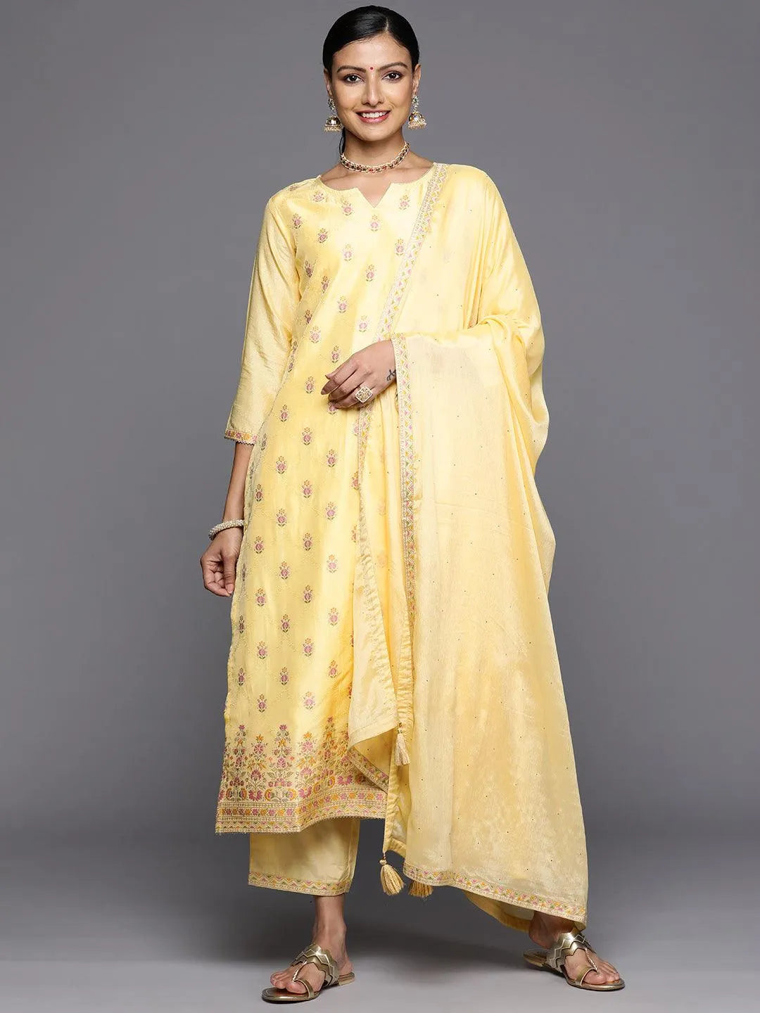 Yellow Woven Design Silk Blend Straight Kurta With Trousers & Dupatta - Libas