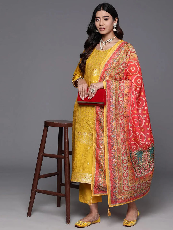 Yellow Woven Design Silk Blend Straight Kurta With Trousers & Dupatta - Libas