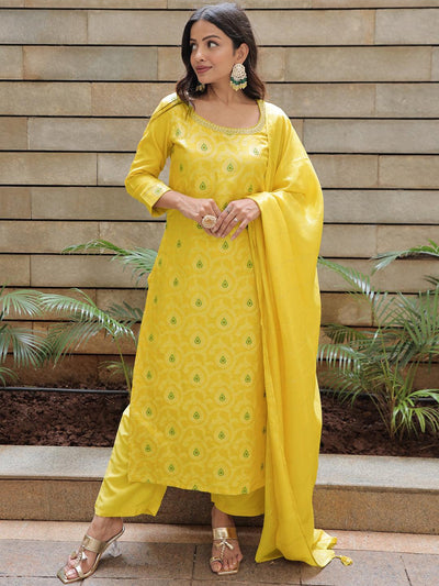 Yellow Woven Design Silk Blend Straight Kurta With Trousers & Dupatta - Libas