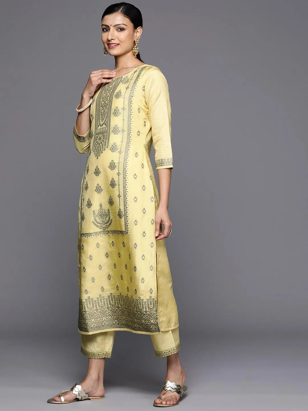 Yellow Woven Design Silk Blend Straight Kurta With Trousers & Dupatta - Libas 