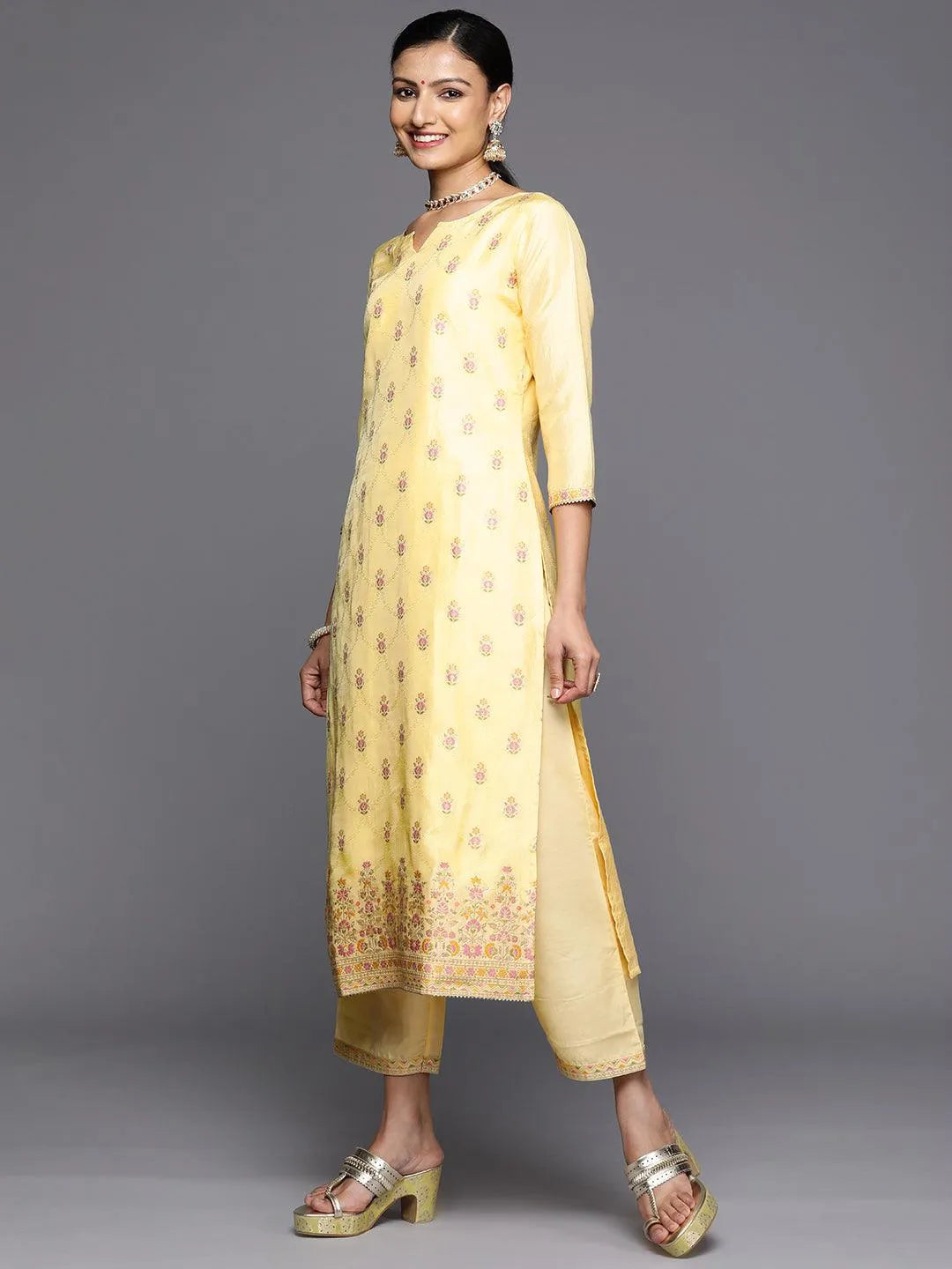Yellow Woven Design Silk Blend Straight Kurta With Trousers & Dupatta - Libas 