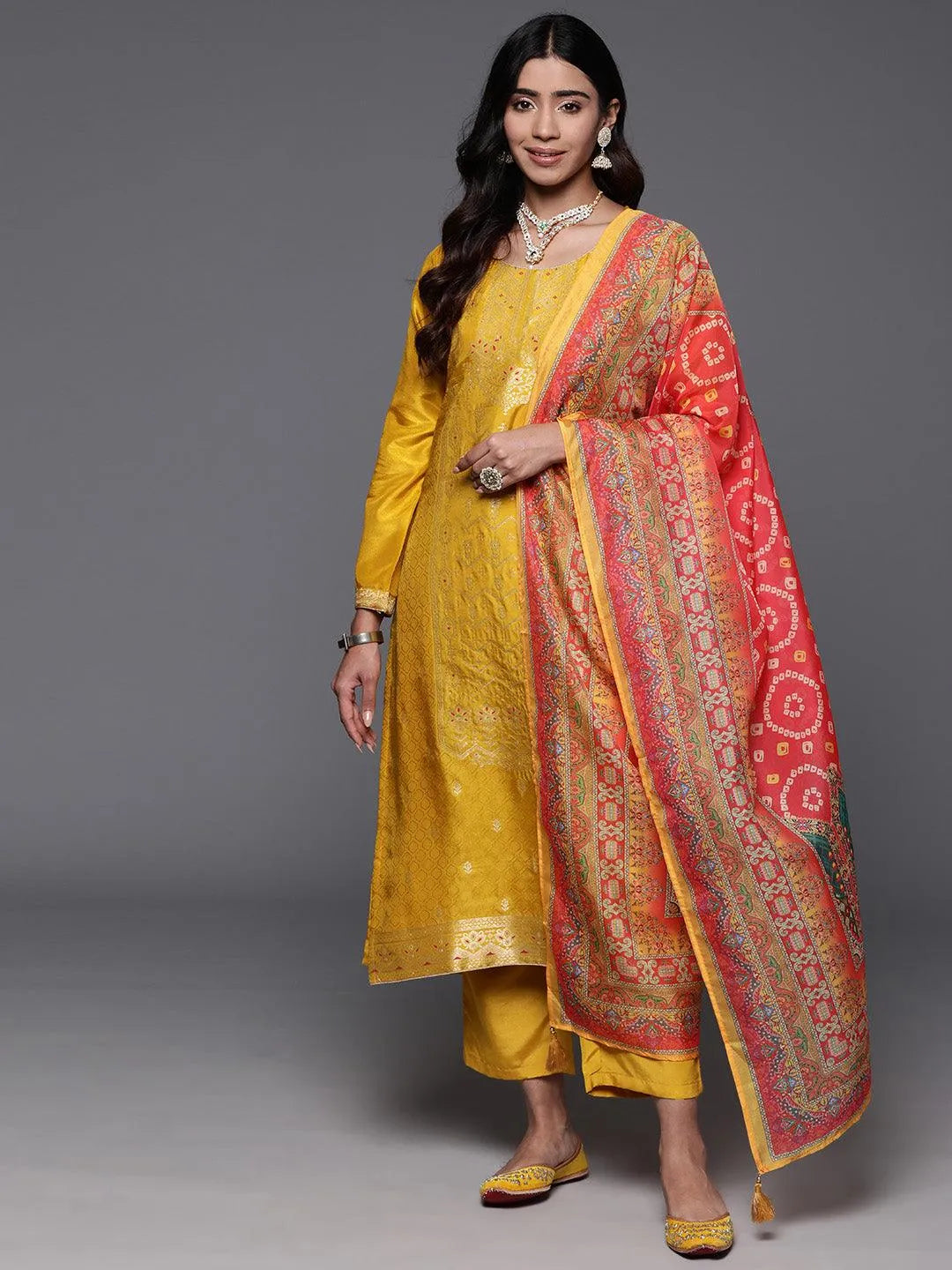 Yellow Woven Design Silk Blend Straight Kurta With Trousers & Dupatta - Libas