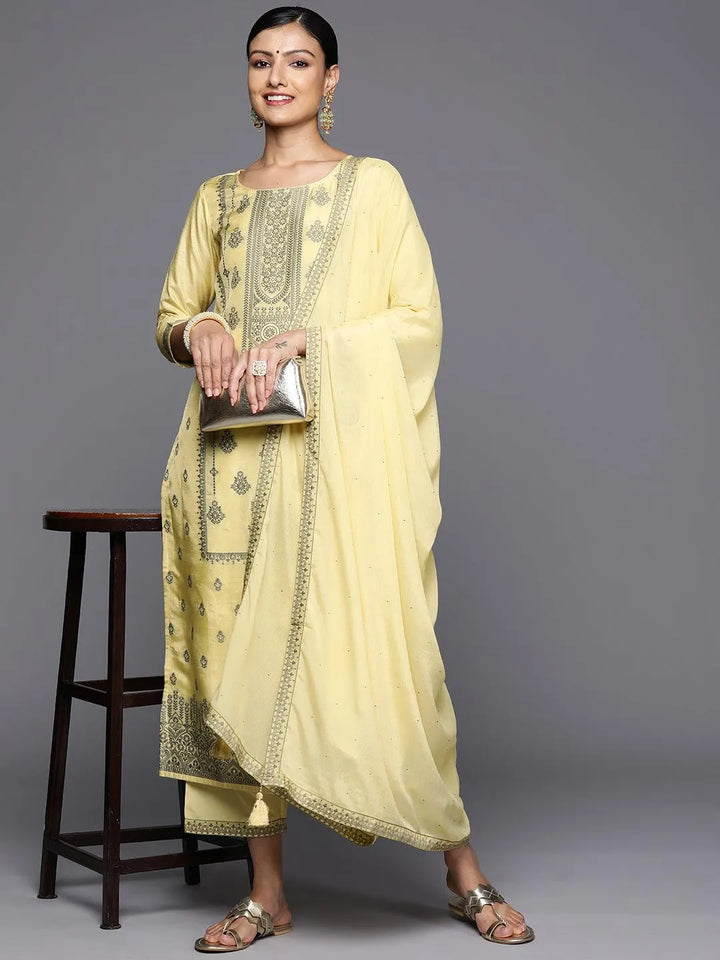 Yellow Woven Design Silk Blend Straight Kurta With Trousers & Dupatta - Libas