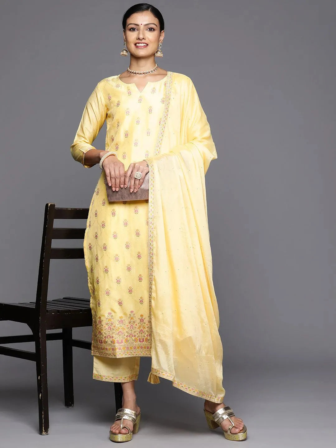 Yellow Woven Design Silk Blend Straight Kurta With Trousers & Dupatta - Libas