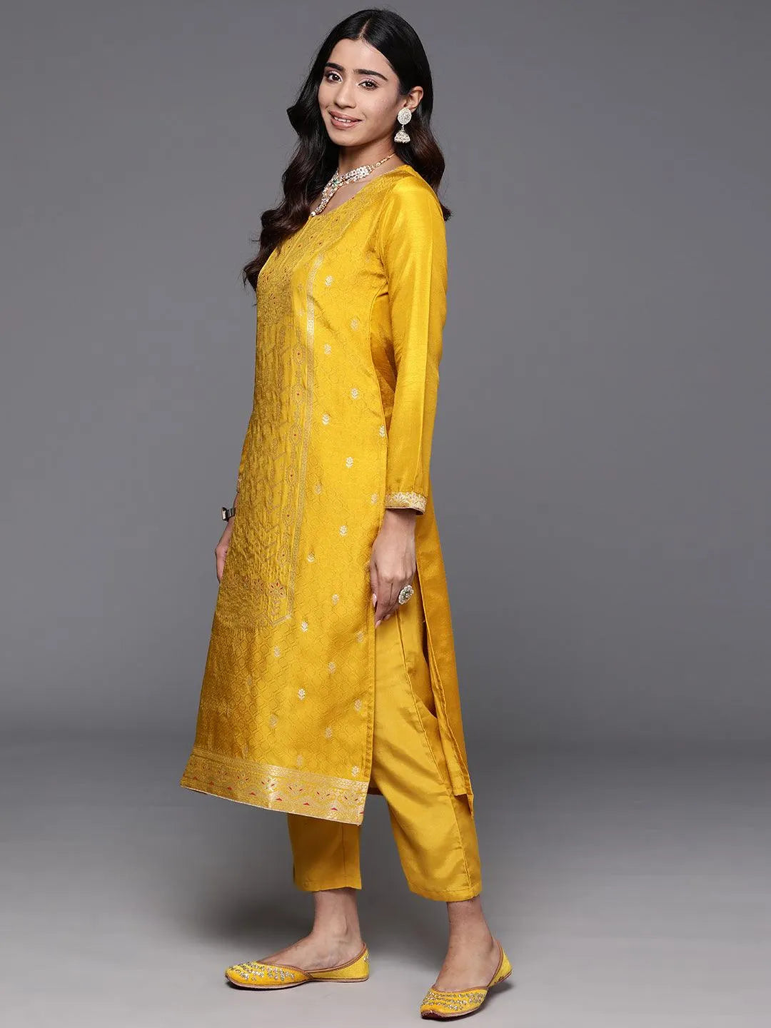 Yellow Woven Design Silk Blend Straight Kurta With Trousers & Dupatta - Libas