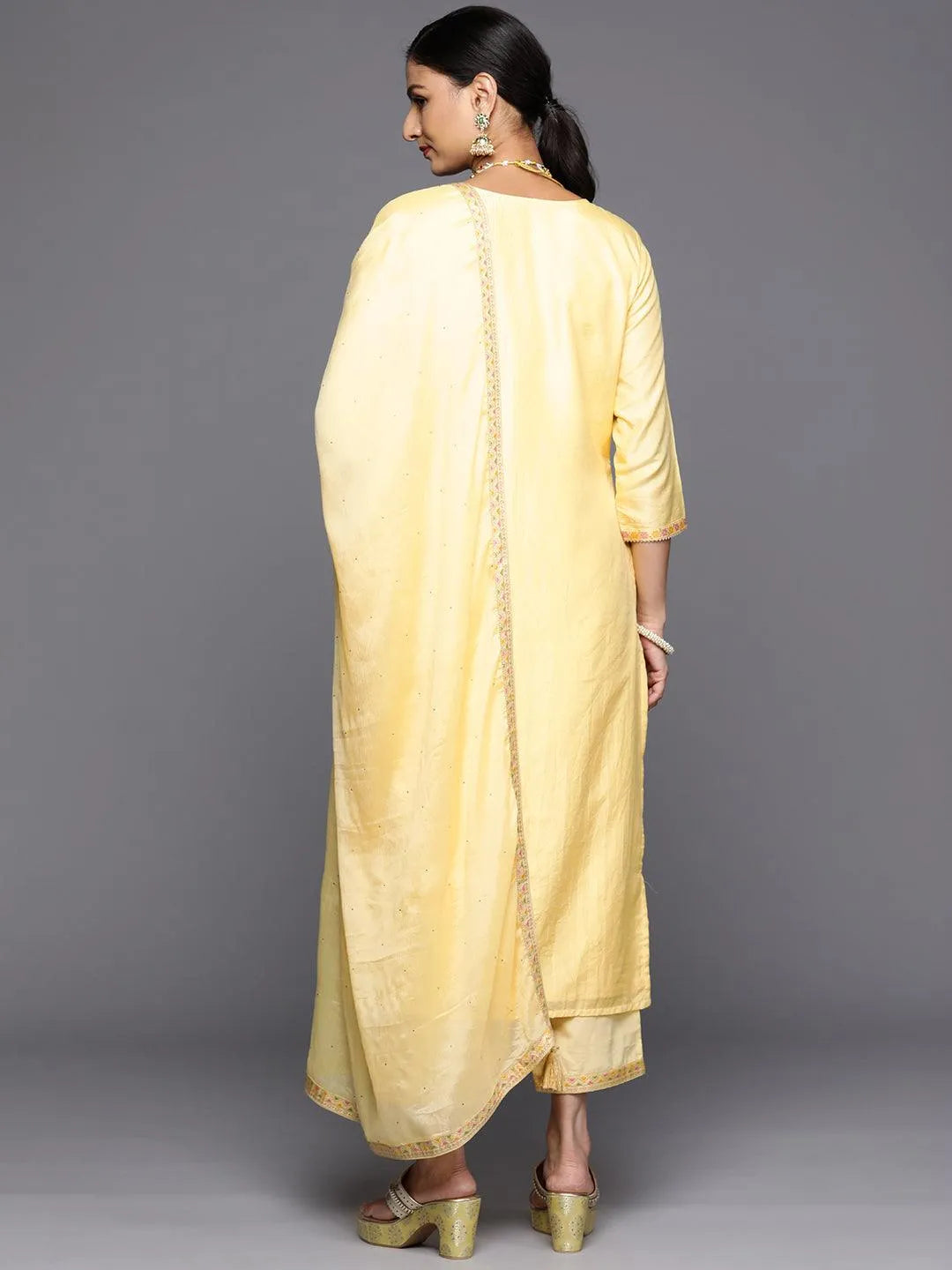 Yellow Woven Design Silk Blend Straight Kurta With Trousers & Dupatta - Libas