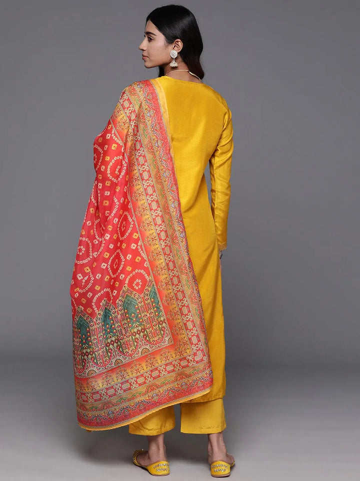 Yellow Woven Design Silk Blend Straight Kurta With Trousers & Dupatta - Libas