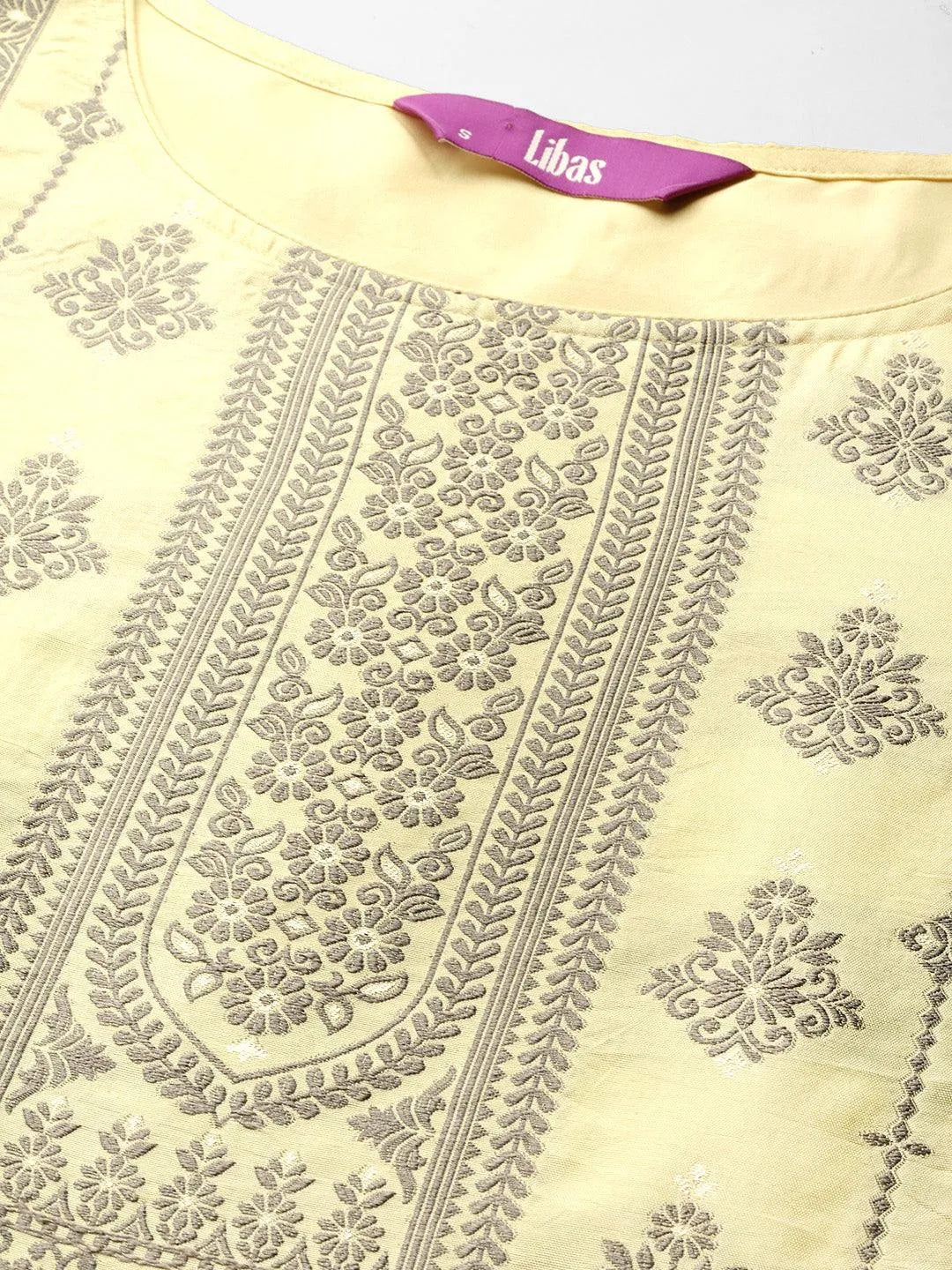 Yellow Woven Design Silk Blend Straight Kurta With Trousers & Dupatta - Libas 